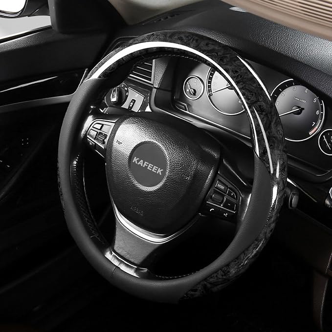 KAFEEK Classic Wood Grain Steering Wheel Cover, Fits 14.5-15" Wheels, Grey | Microfiber Leather, Comfortable Grip with Anti-Slip Inner Lining, Easy to Install for Cars, Trucks, SUVs