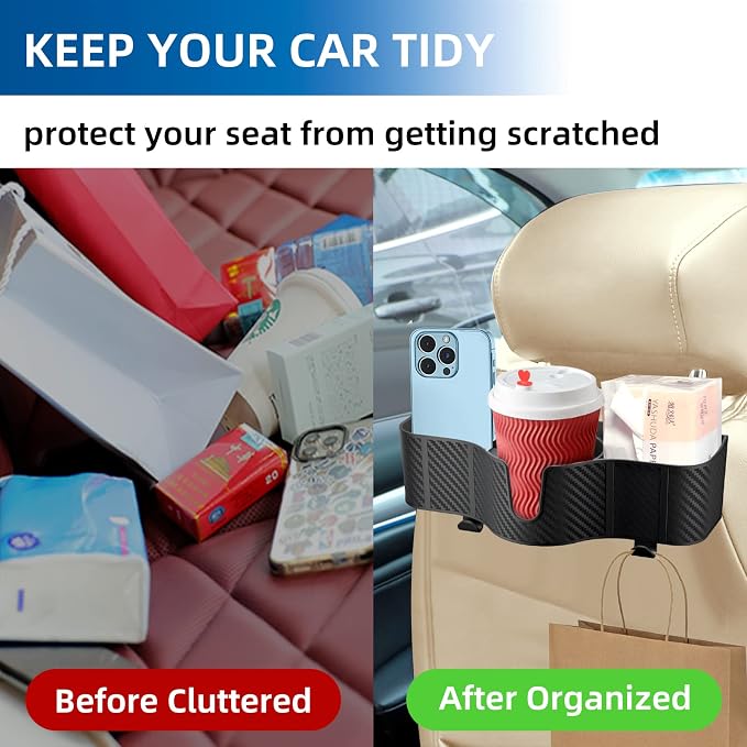 OUSHASAA 3-in-1 Car Headrest Organizer with 3.7" Cup Holder & Hooks-2PC | Backseat Cup Holder for Car, Multifunctional Car Travel Storage, Fits Most Cars & SUVs, Easy Installation