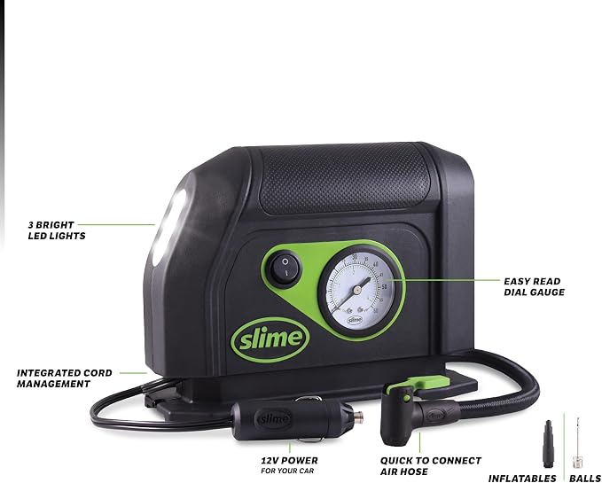 Slime 40050 Tire Inflator, Portable Car Air Compressor, with Analog 100 psi Dial Gauge, Long Hose and LED Light, 12V, 8 min Inflation