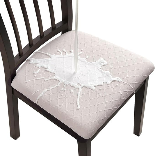 Fuloon Waterproof Seat Cushion Covers 6 PCS, Stretch Jacquard Chair Seat Covers Washable Dining Room Chair Slipcovers Removable Kitchen Cushion Protector (6, Waterproof-Pale Beige)