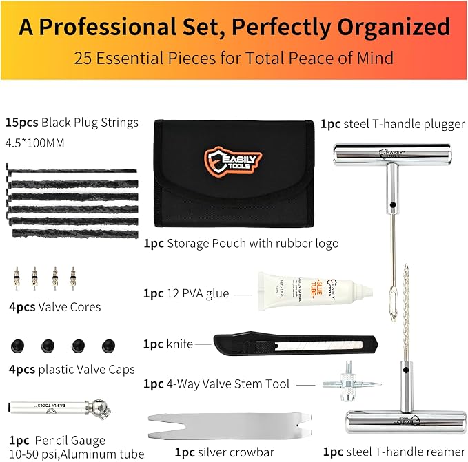 Professional 25-Piece Tire Repair Kit - Complete Emergency Kit for Car, Motorcycle. All-in-One Portable Oxford bag with Essential Tools & Step-by-Step Manual. Ready to Use, No Extra Purchase Needed.