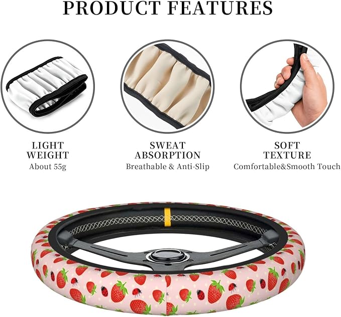 Strawberry Ladybugs Elastic Steering Wheel Cover Non-Slip Breathable Steering Wheel Protector Fit Auto, SUVs, Truck