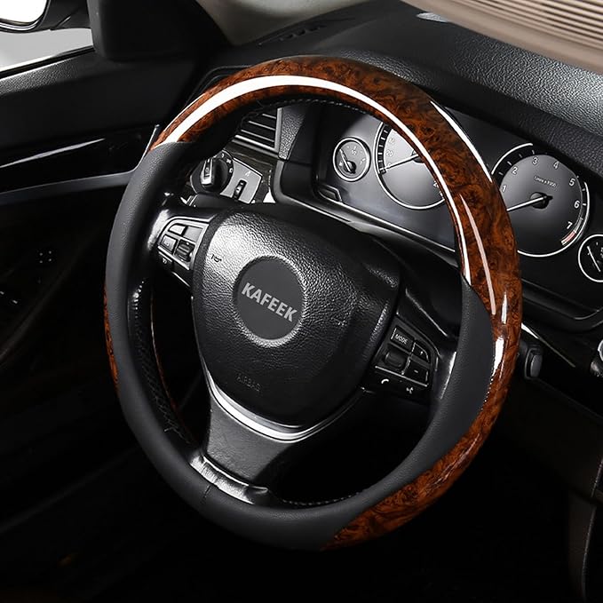 KAFEEK 16 inch Steering Wheel Cover for Ford F150 F250 Ram 4Runner Tacoma | Wood Grain Design with Microfiber Leather, Anti-Slip, Comfortable Grip, Easy to install