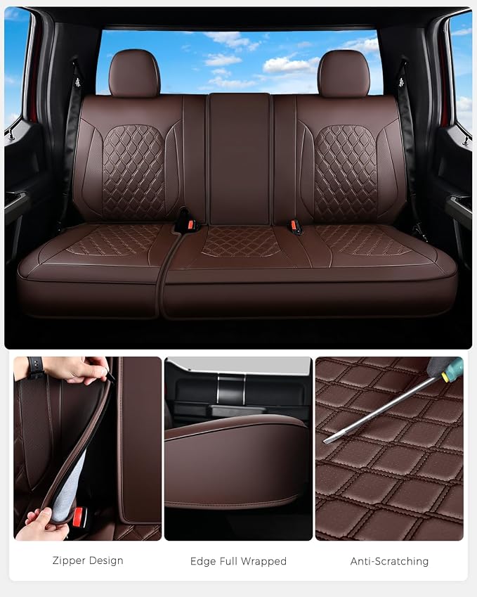 Huidasource F150 Coffee Rear Seat Covers, Leather Rear Bench Car Seat Cushion Cover Fit for 2015-2026 Ford F150 SuperCrew & 2017-2026 F250 F350 F450 Super Duty Crew Cab Pickup Truck