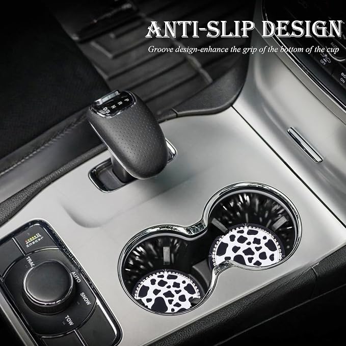 4PCS Bling Silicone Cup Holder Coaster – 2.75 Inch Universal Fit, Anti-Slip & Shockproof, Cute Car Accessories for Girls (Cow Print)