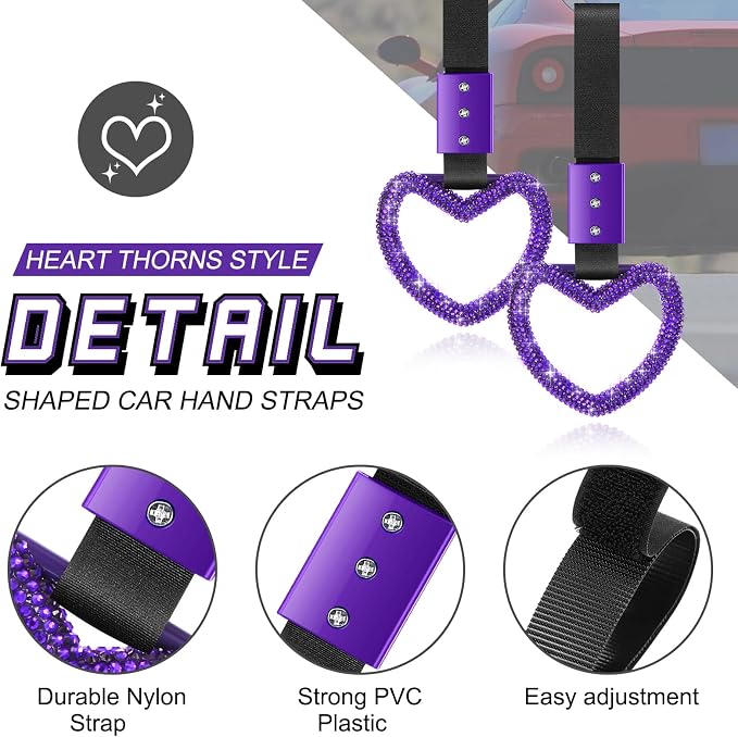 Fabbay Bling Car Accessories Bling Heart Handle Ring Car Accessory for Women Hand Strap Drift Charm Rear Bumper Warning Ring Decor for Auto Bus Interior Exterior Decoration (Purple, Heart Style)