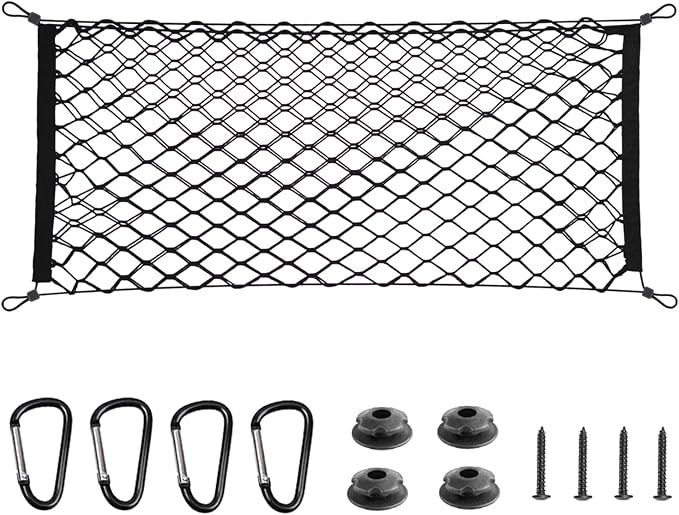BAILALIBO Cargo Net with Metal Hooks, 35.4x15.8 in | Elastic stretchable mesh, adjustable for SUV/truck/jeep, universal fit, secure trunk storage, heavy-duty for car exterior
