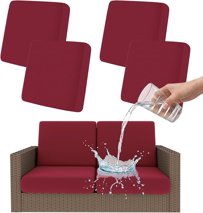 Smiry Waterproof Patio Cushion Covers, Stretch Outdoor Couch Slipcovers Replacement Washable Furniture Protector Sofa Chair Seat Cover for Dogs and Pets (4 Pcs, Wine Red)