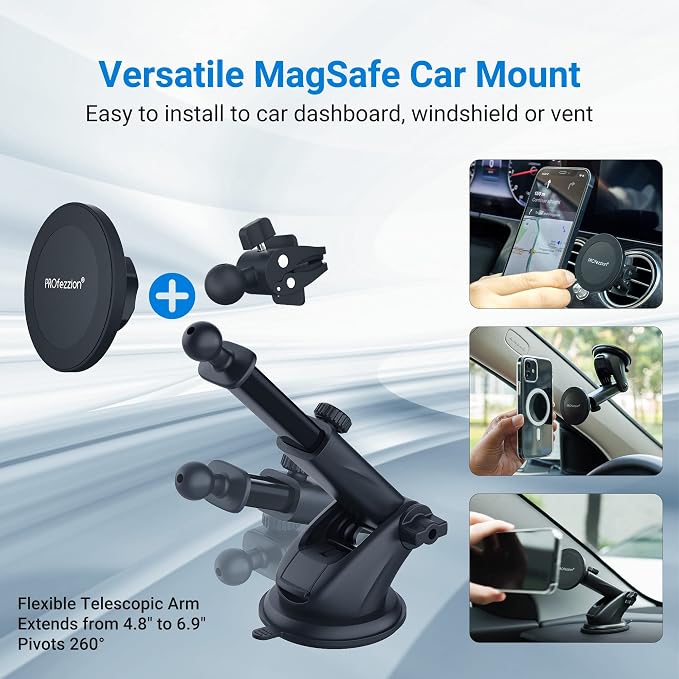 PROfezzion Car Windshield Magnetic Phone Mount Holder for MagSafe iPhones | Telescopic Arm, on Car Windshield Dash or Vent, Length & Angle Adjustment, for iPhone 17 16 15 14 13 Pro Max & All Phones