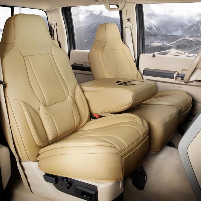 Coverland Custom Truck Car Seat Covers Front Seats for [2021-2026 Ford F150 Regular Cab Bucket Seats] - Protector Water Resistant Leather Memory Form Back Support Seat Cushion [Front-Beige]