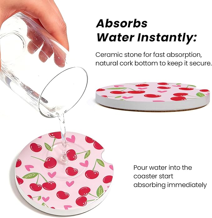 2 Pack Pink Cherry Car Coasters for Women Car Cup Holder Coasters, 2.63 Inch Anti Slip Ceramic Absorbent Coaster with Cork Base and Finger Notch, Cute Car Accessories Interior