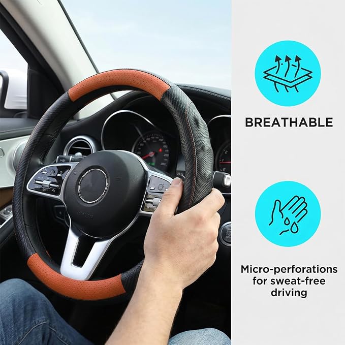 Car Steering Wheel Cover, Breathable Carbon Fiber Vehicle Steering Wheel Protector with Anti-Slip Lining, Automotive Interior Accessories, Universal for SUV RV Truck (Black Orange)