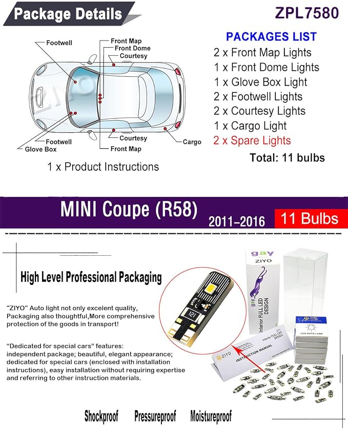 ZIYO LED Interior Light Kit for Mini Cooper Coupe R58 2011-2016 Dome Light Bulbs Replacement Package, 6000K Xenon White LED Lights Accessories Upgrade Error Free (11 Bulbs)