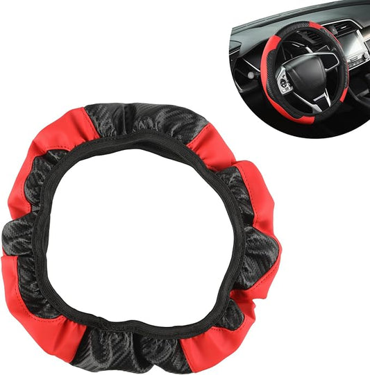 Car Steering Wheel Cover,15 Inch Carbon Fiber Leather Elastic Steering Wheel Protector, Anti-Slip Soft Breathable Driving Wheels Covers, Universal Auto Interior Accessories for Vehicle (Red)