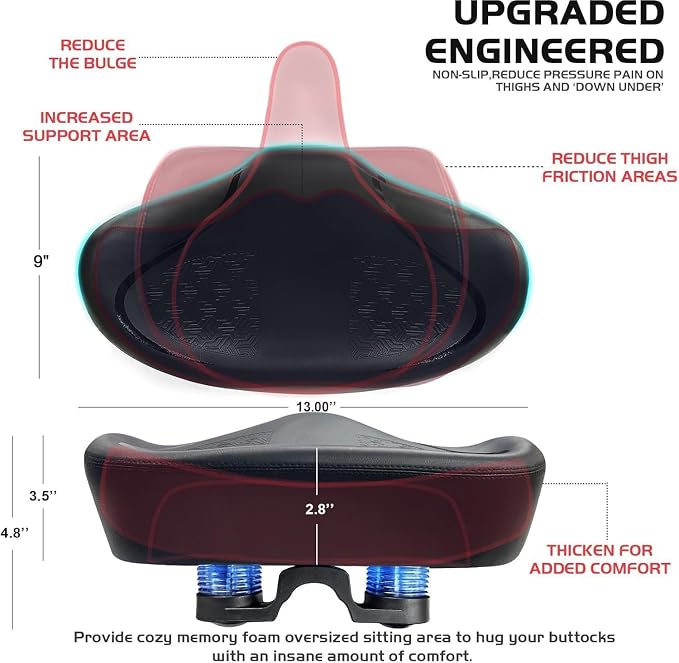 Noseless Bike Seat Cushion for Men & Women - Extra Padding & Comfort Wide Bicycle Seat, Oversized Comfortable Saddle for Peloton Bikes, Exercise Bikes, Electric Bikes, Cruiser Bikes