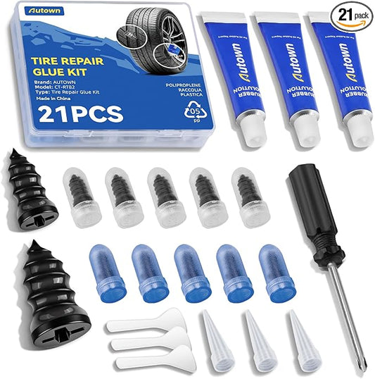 AUTOWN 21PCS Tire Repair Rubber Nail Kit - Complete Screw Plug Kit with Glue, Fast Fix for Flat Tires on Car, Truck, Motorcycle, SUV & More