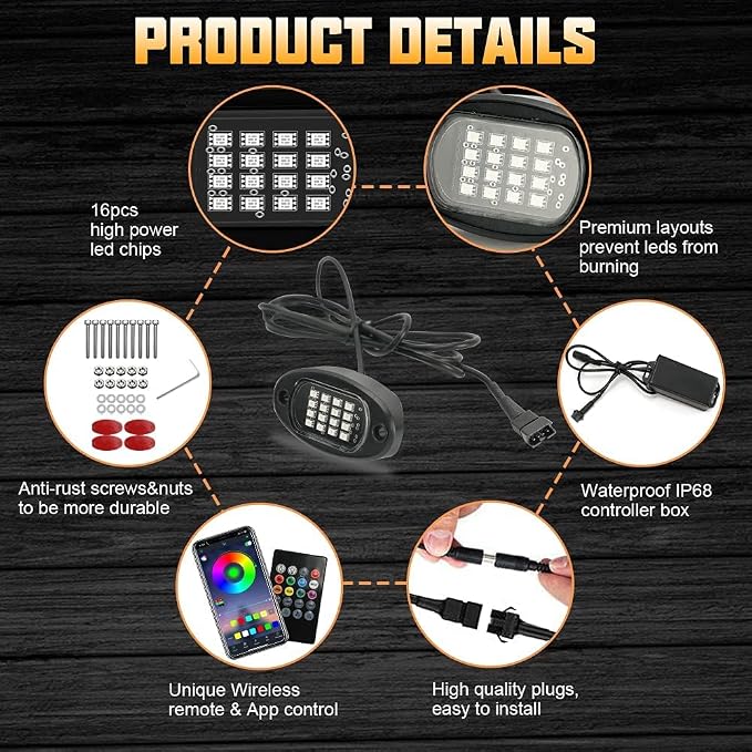 SUNPIE Rock Lights, 4 Pods RGB LED Rock Lights Underglow kit with APP/Remote Control & Music Mode, Waterproof Underglow Light kit for Car Jeep ATV UTV SUV Pickup Off Road RZR