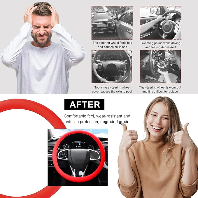 DXNQ Car Steering Wheel Cover, 13 to 14.17 inches Anti-Slip Silicone Steering Wheel Protector, Soft Flexible Shock-Absorbent Steering Wheel Protective Cover for Most Car Models (Red)