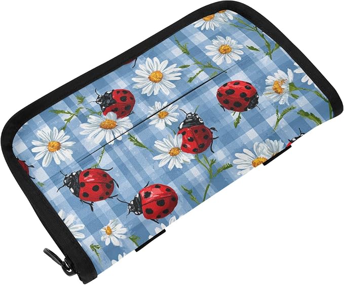 Blue Plaid Ladybugs Daisy Car Tissue Holder Durable Napkin Holder Hanging Tissue Holders Case Car Tissues Bag for Sun Visor Seat Back Universal Auto