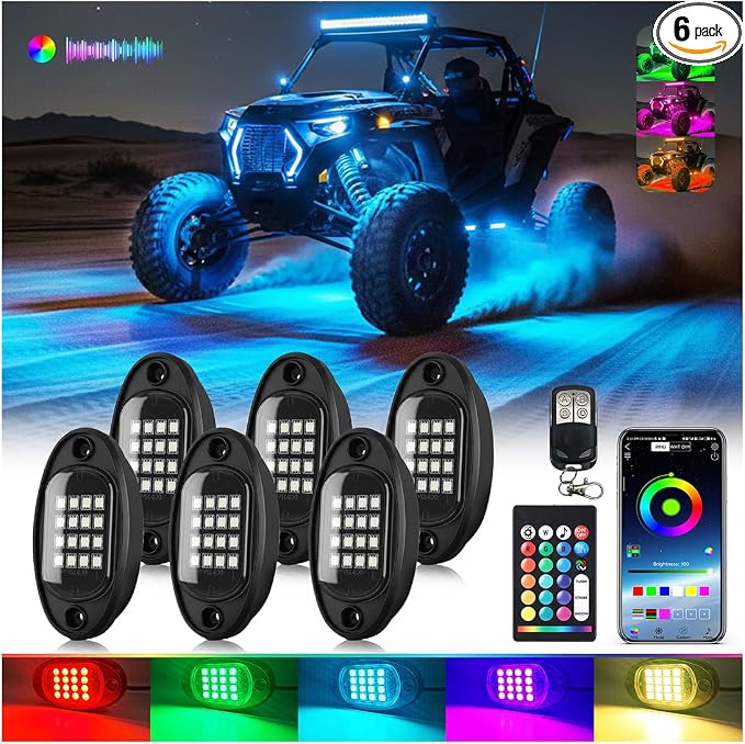 6Pods Segmented RGB LED Rock Lights Kit for ATV UTV 4 Wheeler Can-Am SXS RZR Side By Side Offroad Golf Cart with APP/RF Remote, Multicolor Bright Underglow Light Waterproof Vehicle Music 12V Underbody
