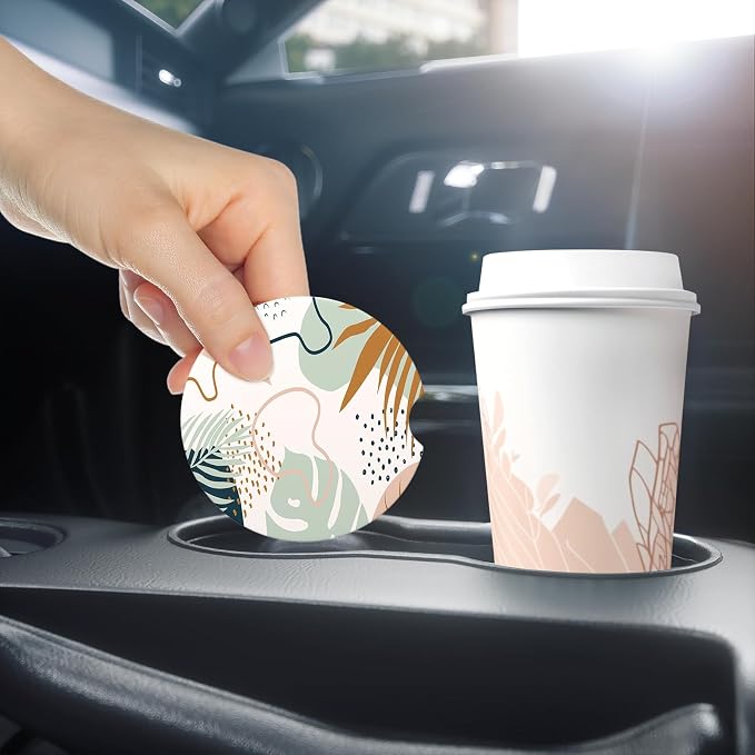 Aiawoxc Car Cup Holder Coasters, 2 Pack Universal Auto Anti Slip Insert Coaster with A Finger Notch, Cup Mat for Most Car Interior, Leaf