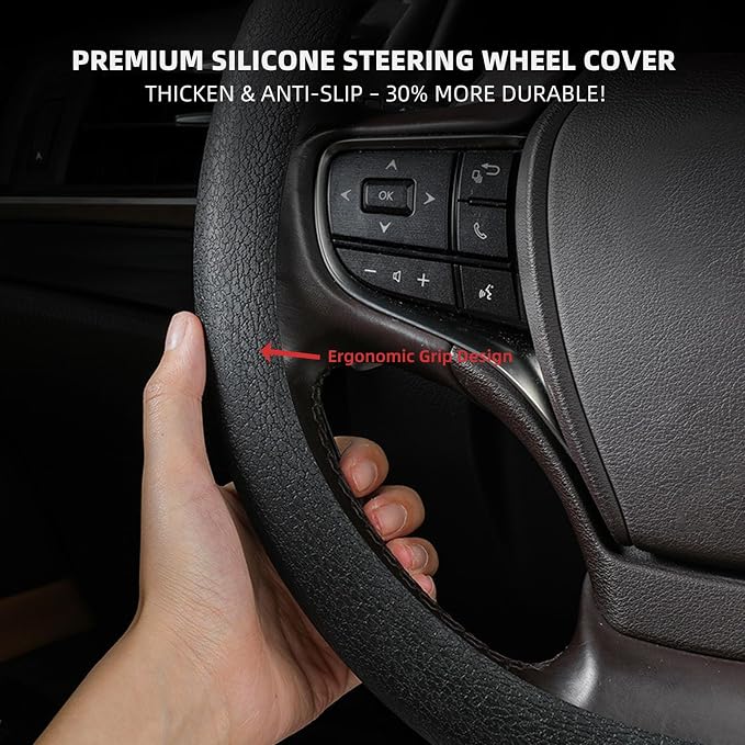 30% Thicker Universal Stretchy Silicone Steering Wheel Cover for 14” 15” 16” Wheels - Anti-Slip Grip & Enhanced Control for Men & Women, All Weather Protection (Brown)