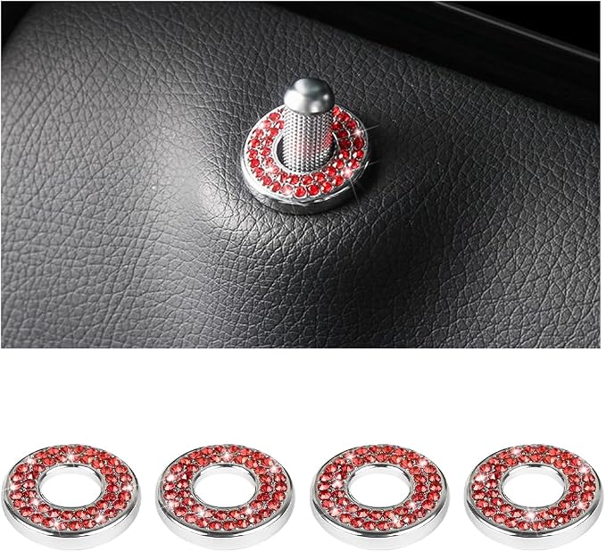 Osilly 4 Pcs Bling Car Inner Door Lock Covers, Crystal Pull Rod Bolt Stickers, Sparkly Rhinestones Auto Door Bolt Decorations, Vehicle Lock Pin Cap Decors for C Class C200L GLC260 C260L (Red)