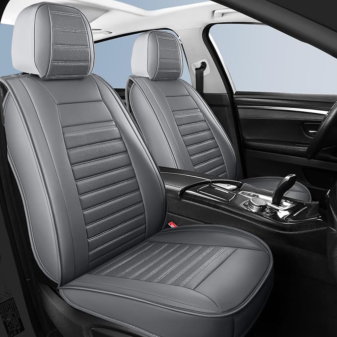 HChengkikz Front Car Seat Cover, Faux Leather, Waterproof (Gray) | Breathable, Airbag Compatible, Easy Maintenance, Universal Fit for Most Sedans SUVs Pick-ups Trucks
