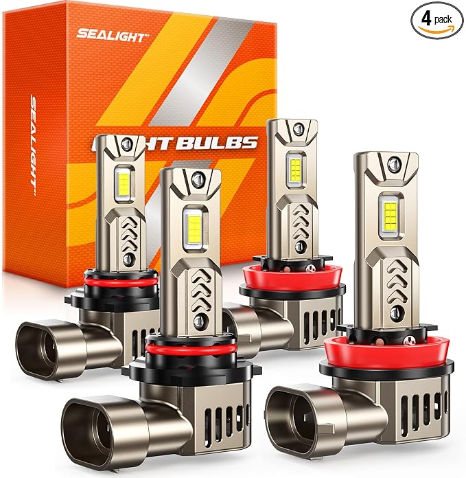 SEALIGHT 9005/HB3 H11/H9/H8 LED Bulbs Combo, 12X 90000LM Super Brighter than Original Bulb, 1:1 Mini Size, 6500K Cool White, 70000Hrs Long Lifespan, 3MIN Plug and Play, Pack of 4