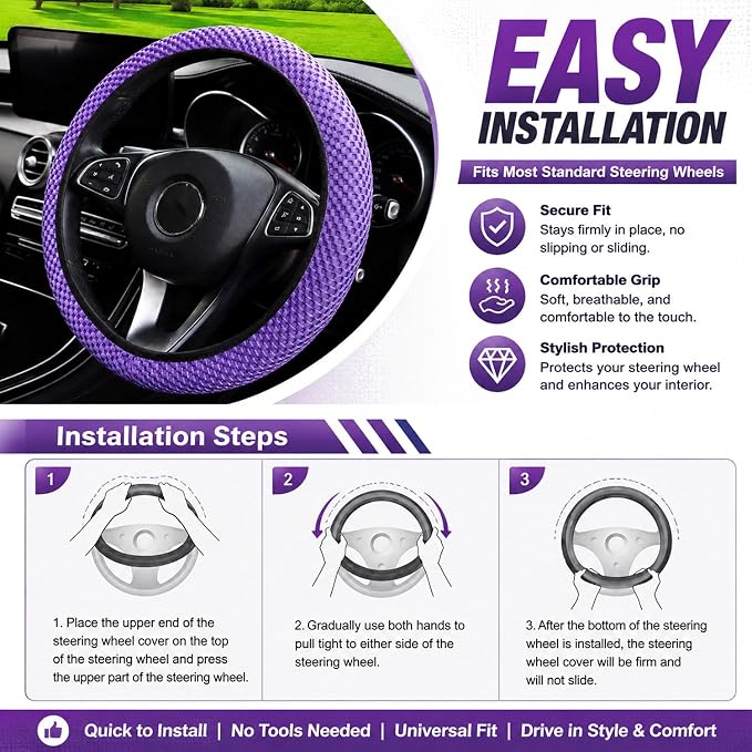 Mesh Ice Silk Cooling Car Steering Wheel Cover for Men Women,Summer Universal Breathable Stretch Anti-Slip Wheel Cover 14.5-15" for Cars, Trucks, Pickups, SUVs (Light Purple)