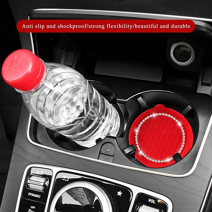 Sun Walker 4 PCS Bling Car Cup Holder Coaster, Non Slip Sparkly Rhinestone Cup Holder Pad Insert Coaster, Shockproof Silicone Shiny Embedded Drink Mat Interior Decor for Most Vehicles (Red)