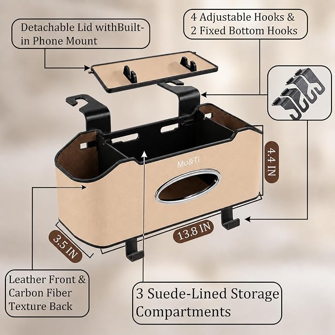 Mu&Ti Back Seat Car Organizer with Cup Holders Tissue Box Holder, Phone Stand and Hooks Multifunctional 4 in 1(Beige)