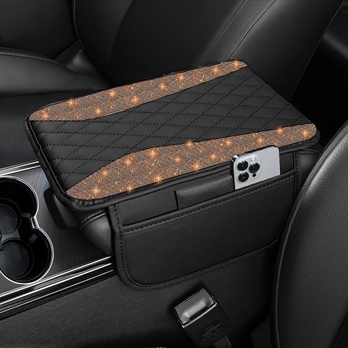 NBTEPEM Bling Car Center Console Cover, Leather Middle Console Cover with 2 Storage Bags, Universal Arm Rest Cover Protector, Bling Car Accessories Interior Fit for Most Vehicles, Orange Diamond