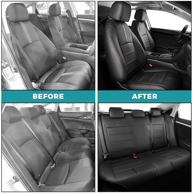 Seat Covers for Honda Civic Sedan LX 2016 2017 2018 2019 2020 2021, Faux Leather Car Seats Cover Full Set Waterproof, Black Red Line (Solid Rear Seatback - No Rear Armrest)