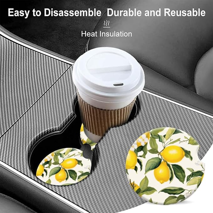 Cup Holder for Car,Lemons and White Flowers Ceramic Coasters Non-Slip Cup Holder Insert with Fingertip Grip, Auto Interior Accessories for Women & Men,Pack of 2, 2.56In