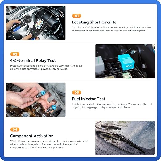 VDIAGTOOL V500 Pro Automotive Circuit Tester, Power Circuit Probe Tester Breaker Finder Tool, 9/30V Electrical Open Short Circuit Finder, Wire Tracer, Multimeter Oscilloscope Relay Injector Test