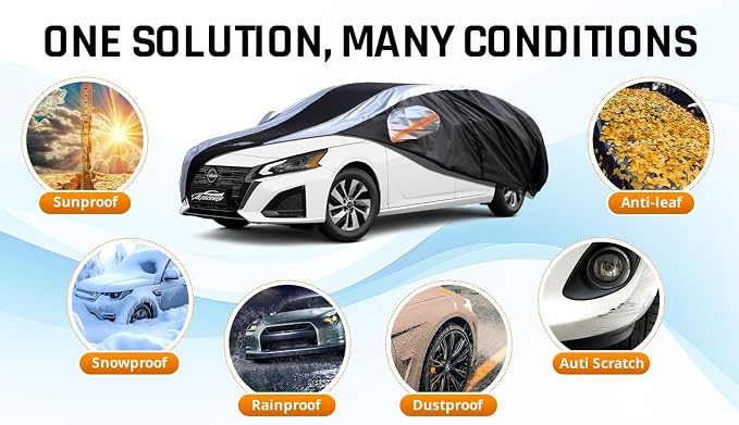 Altima Car Cover Waterproof All Weather with Silver Strip Design, Custom Fit for Altima 2005–2025, Accessory with Door Zipper & Windproof Straps