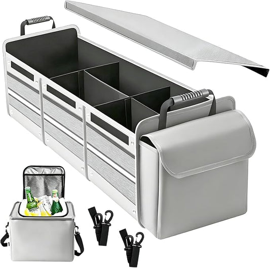 Car Trunk Organizer with Removable Cooler Bag - Collapsible Multi-Compartment Storage for SUV Truck Groceries Camping, Durable Nylon Auto Cargo Organizer (Gray)