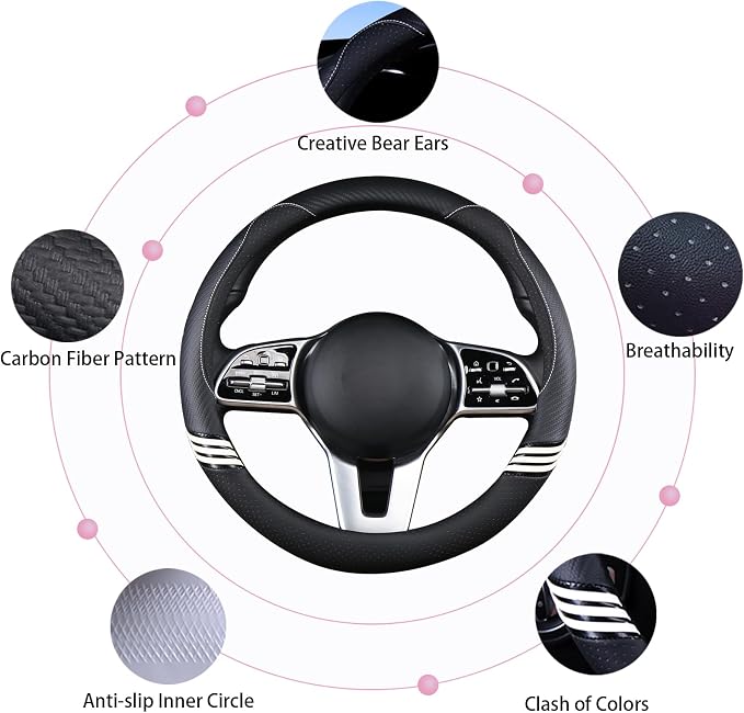 15 inch Cute Leather Steering Wheel Cover Black | Breathable Non-Slip Faux Leather and Carbon Fiber Car Accessories for Women Men Universal 14.5 inch to 15 inch