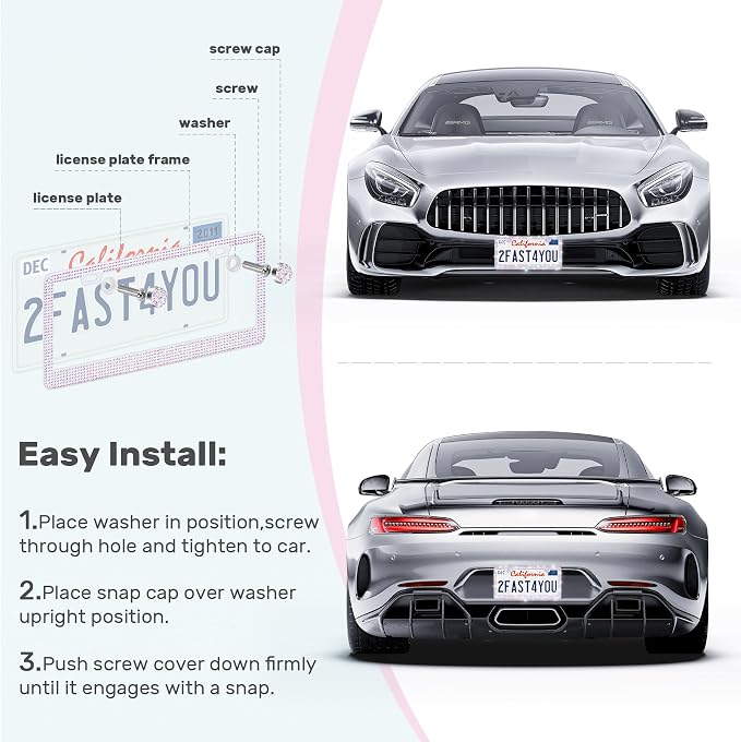 QUANQIUFEI 2 Pack Bling License Plate Frames, Sparkly Rhinestone Diamond Car License Plate Cover for Women, Stainless Steel Car Accessories with Glitter Crystal Caps (Crystal AB)
