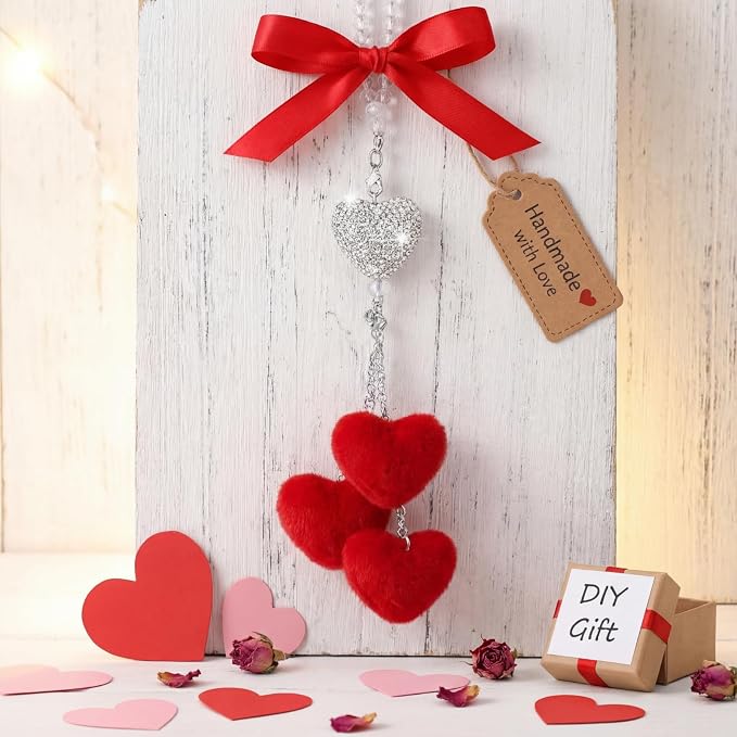 Frienda Red Car Rear View Mirror Accessories for Women Bling Heart Shaped Rhinestone Hanging Charm Sparkly Rear Mirror Ornament Pendant Gift for Girlfriend Wife Female Drivers Car Interior Decoration