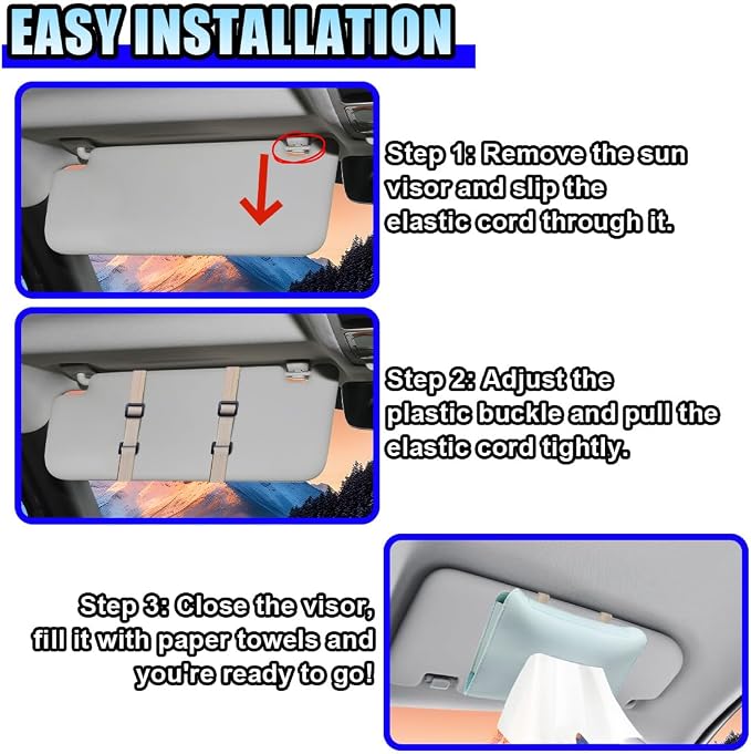 Car Visor Tissue Holder - Leather Tissue Box Holders Car Mask Dispenser - Hanging Car Napkin Holder Auto Tissues Dispenser - Rectangular Mask Holders Sun Visor Accessory for Vehicles (Blue)