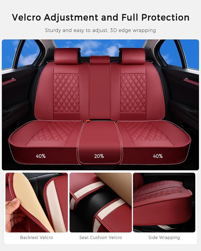 Huidasource Rear Car Seat Cover, Nappa Leather Rear Seat Cover Velcro Adjustable, Compatible with Seat Belts, Child Safety Seats, Universal Fit for Most Cars SUVs Trucks (Back Row/Red)