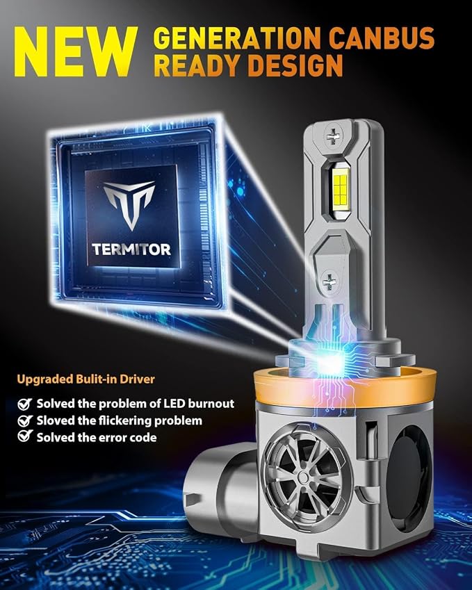 Termitor High Performance H11 H9 Fog Light Bulb for Off-road | 126K LM Brightness, 6500K Bright White Light, DIY Easy Install, 85K+ Hrs, IP68, OE Sizing, Pair Pack
