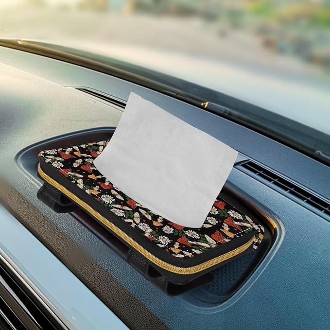 PU Leather Automotive Sun Visor Tissue Holder Mushroom Daisy Print Tissue Holder Tissue Box for Sun Visor & Back Seat Universal