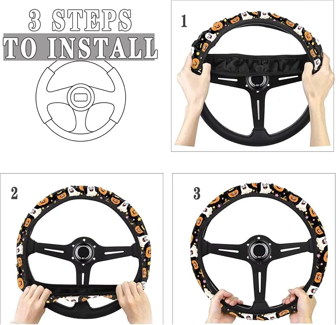 AFPANQZ Elastic Steering Wheel Cover Non-Slip Steering Wheel Protection | Ghost Pumpkin Print, Halloween Decor, Steering Wheel Protector No Smell Fashion Machine Washable Universal