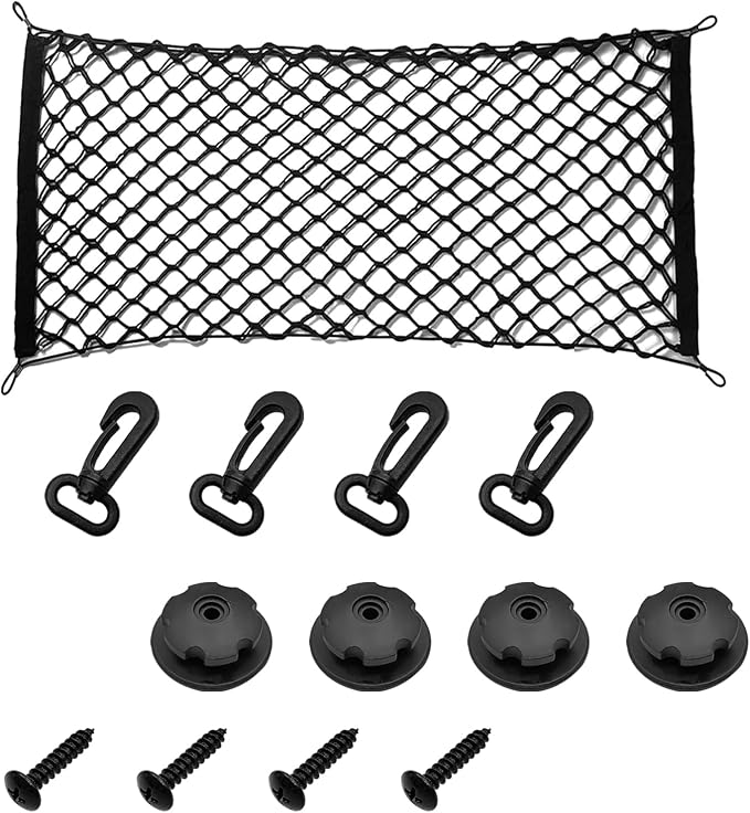 Car Rear Cargo Net Exterior Accessories, Adjustable Elastic Trunk Cargo Storage Organizer Net, Nylon Mesh Double-Layer with Hooks Compatible with Car, Trucks, SUV (39.4"x 15.7")