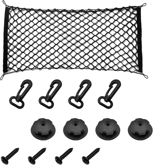 Car Rear Cargo Net Exterior Accessories, Adjustable Elastic Trunk Cargo Storage Organizer Net, Nylon Mesh Double-Layer with Hooks Compatible with Car, Trucks, SUV (39.4"x 15.7")