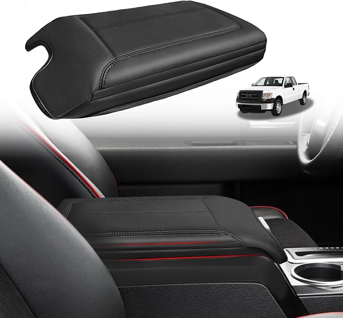 Muslogy Center Console Armrest Cover Fit for Ford F-150 F150 2009-2014 Accessories, Comfort Armrest Pad Console Lid Cushion Vegan Leather 1-Inch Extra Thick(Bucket Seat ONLY)