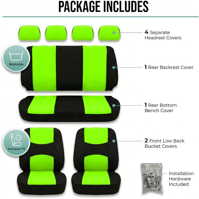 FH Group Car Seat Covers Full Set Cloth - Universal Fit Automotive Seat Covers, Low Back Front Seat Covers, Solid Back Seat Cover, Washable Car Seat Cover for SUV, Sedan and Van Green